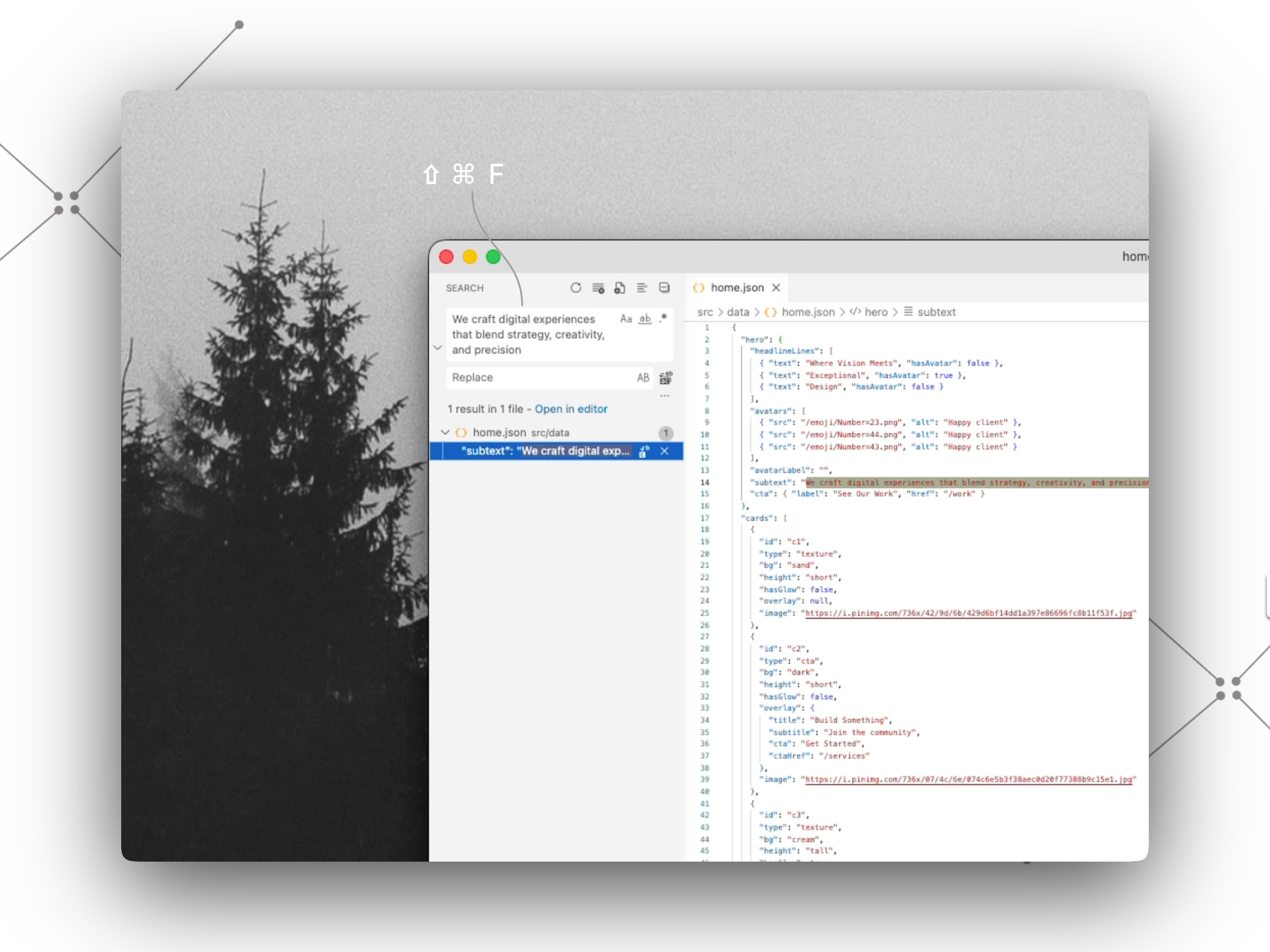 Using the IDE global search to find content across JSON data files